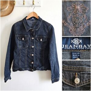 JeanBay Embroidered Denim Jacket LP Stretch Blue Rhinestone Western Boho Chic